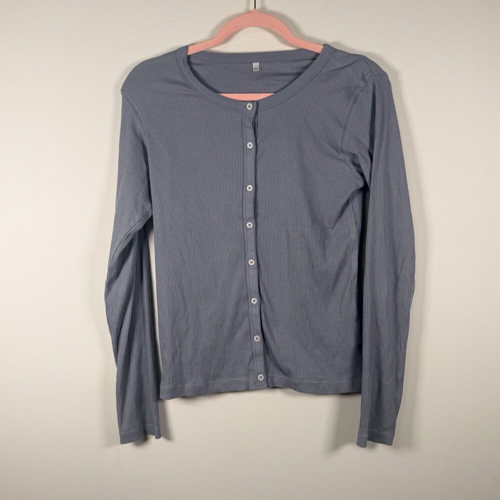 Womens Gray Ribbed Knit Button-Front Crew Neck Long Sleeve Cardigan - S